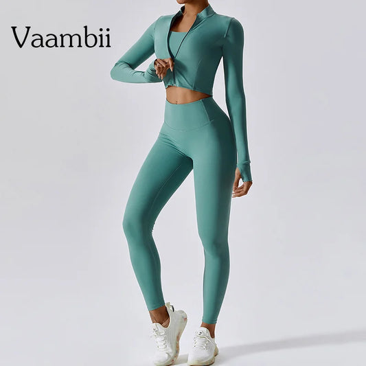 3-Piece Women’s Workout Set – Sports Bra, High-Waist Leggings & Long Sleeve Top