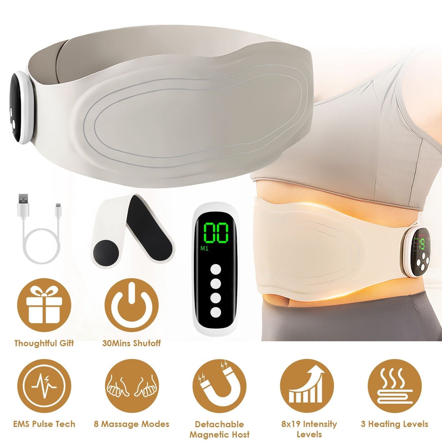 EMS Lower Back Massager Heating Pad Cordless Heating Pad for Back Belly Waist with Remote Magnetic Host 8 Modes 19 Intensity Levels 3 Heating Levels